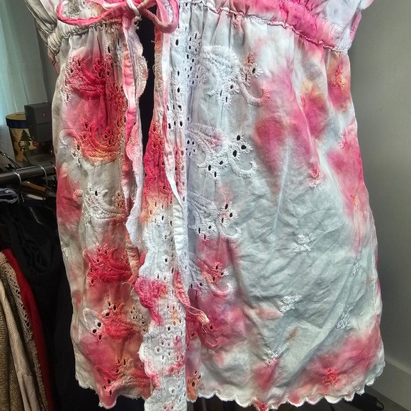 Kelleydeeee OG Tie Dye Eyelet Embroidered Kimono Top Pink White Short Sleeve - Picture 3 of 7